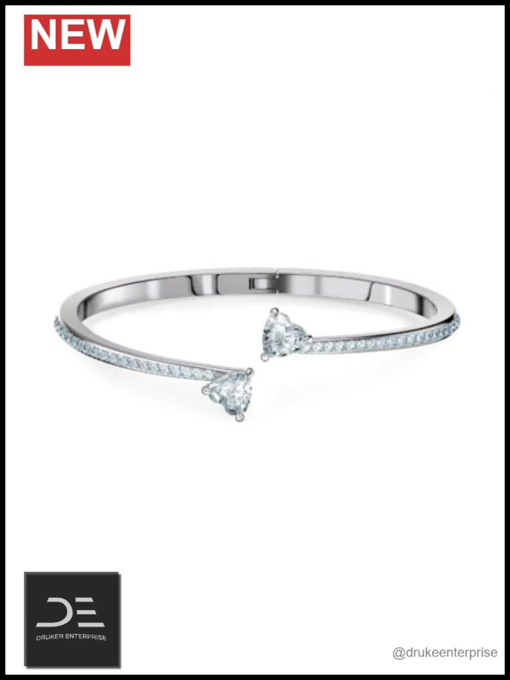 Crystal Heart Bangle Bracelet Rhodium Finish Elegant Women Jewelry